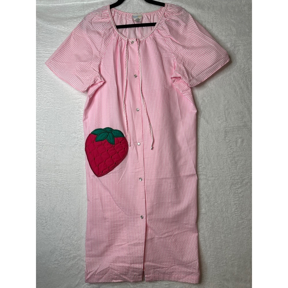 Simply Basic Nightgown Womens M Pink Seersucker Gingham Strawberry Snap Front